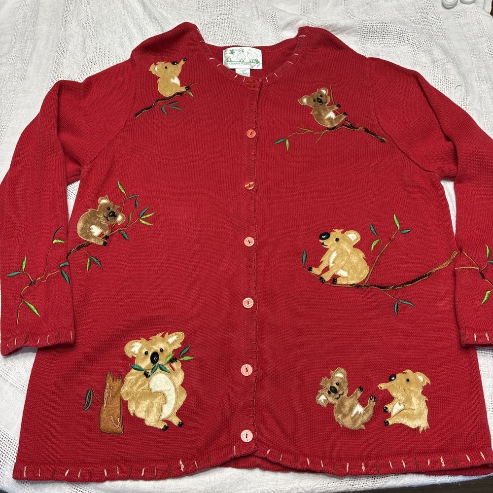 Quacker Factory Sz 1X KOALAS KOALA Bear Australia Cardigan Sweater Vtg Y2K XL